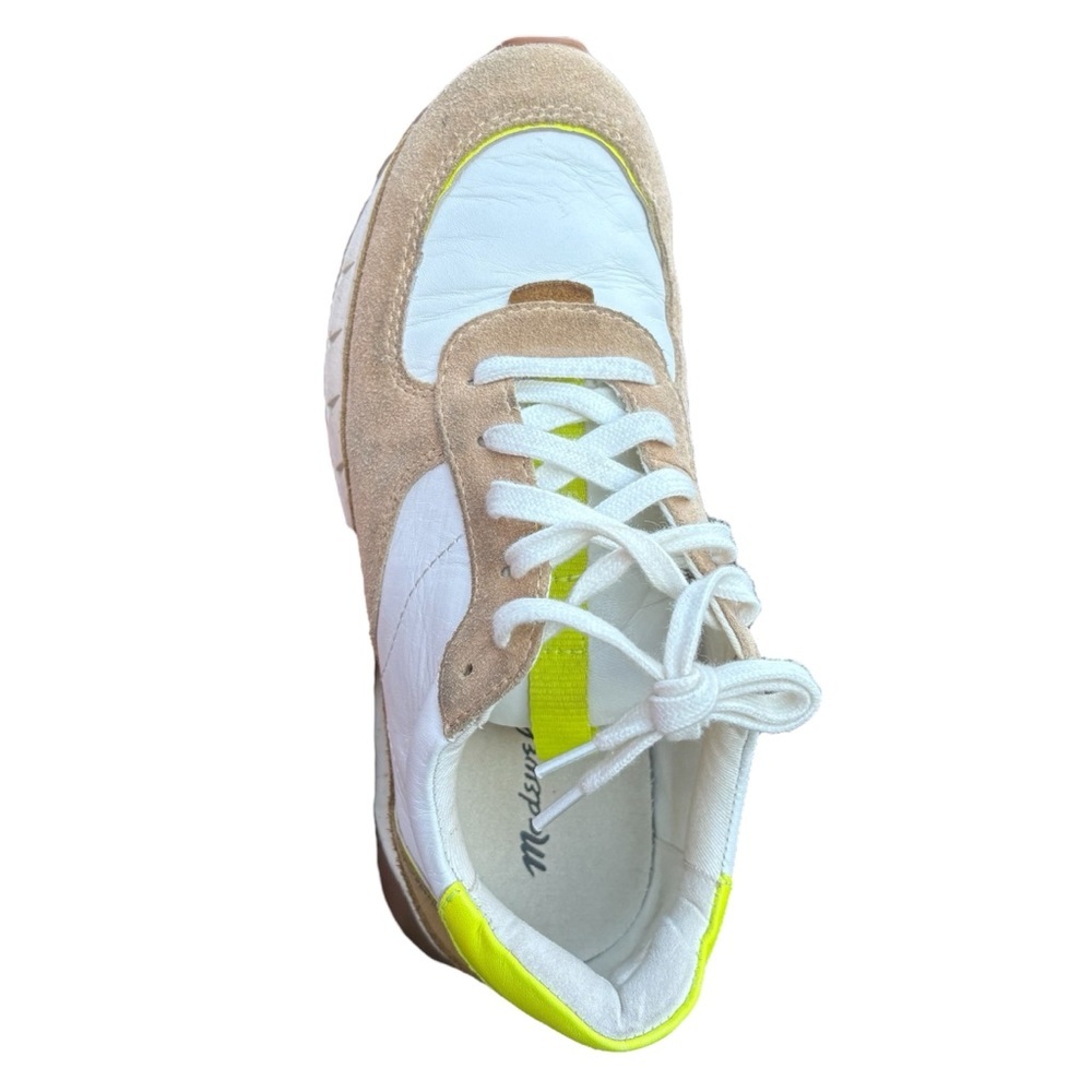 New Madewell Womans Sneakers Leather 7.5 White Tan Neon Yellow Kickoff Trainers - Picture 12 of 12
